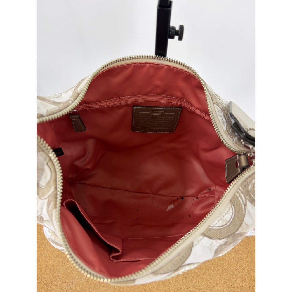 Coach Poppy Signature Sequin Applique Hobo Bag Khaki Cream 16791 with Pouch - Picture 4 of 8
